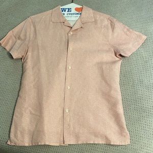 Pink and white polkadot short sleeve button down shirt